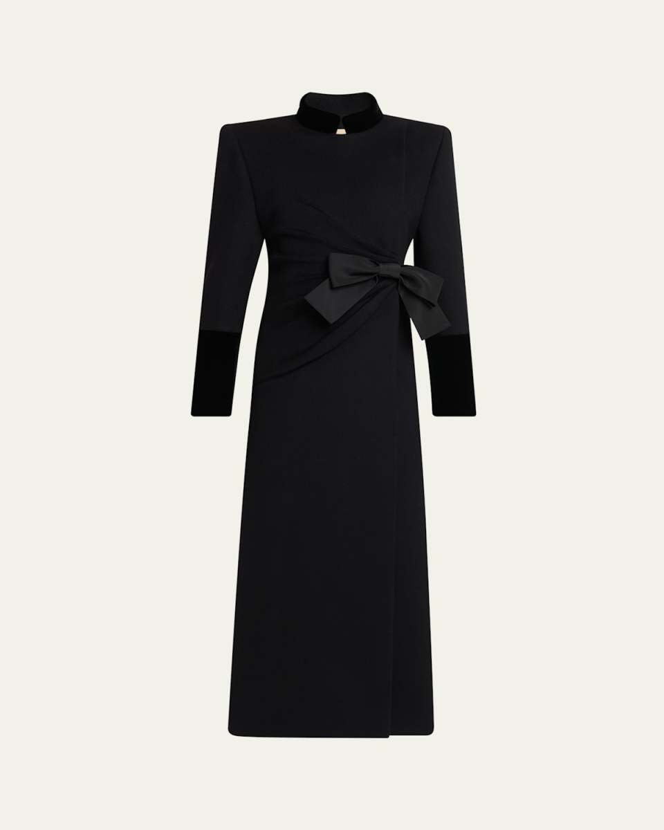 Velvet Bow Double-Breasted Wool-Cashmere Long Coat